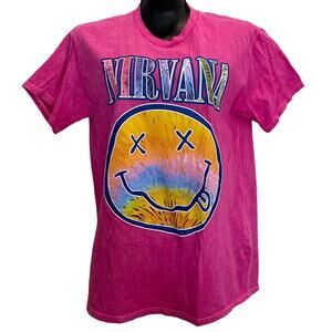 Nirvana Pink Distressed Smiley Face T-Shirt - Medium